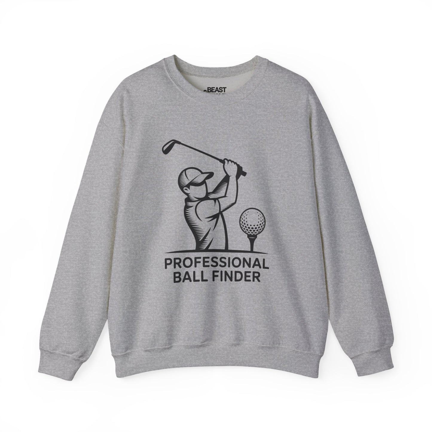 white sweatshirt with professional ball finder novelty golf slogan print