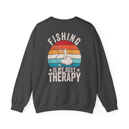 maroon sweatshirt with fishing therapy slogan graphic