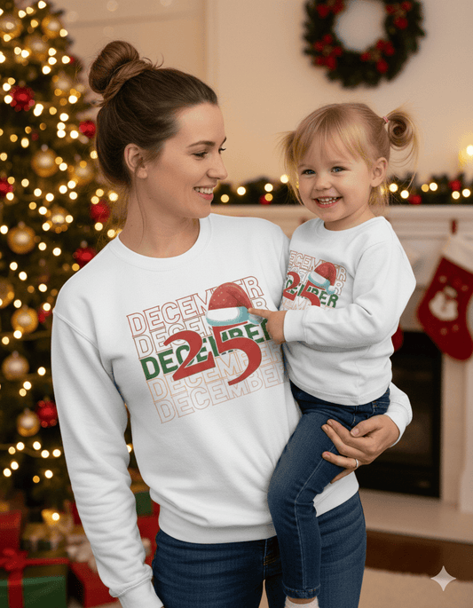 festive sweatshirt showing printed 25 december typography and holiday graphic