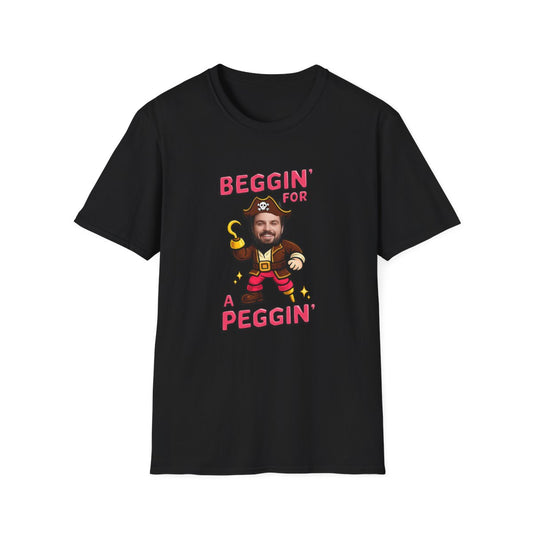 black t-shirt with beggin for a peggin personalised pirate stag face design