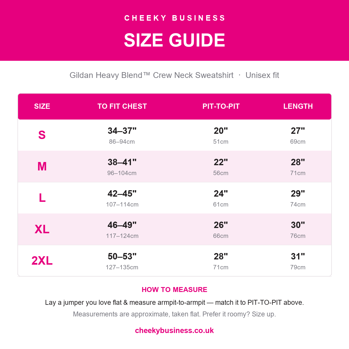Size guide — Gildan Heavy Blend Sweatshirt (S–2XL)