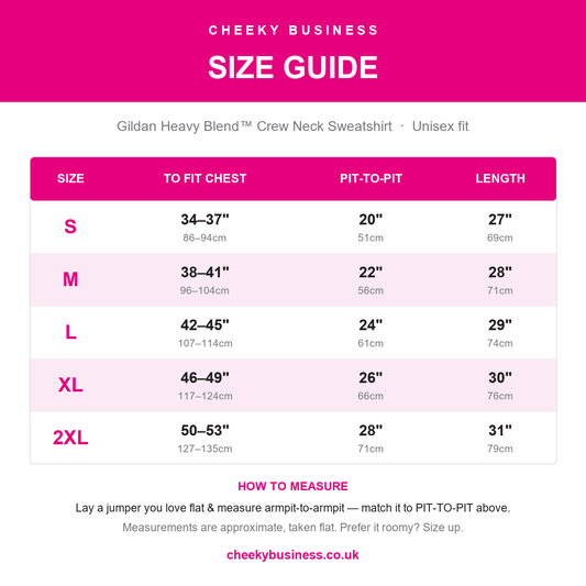 Gildan Heavy Blend sweatshirt size guide XS to 2XL