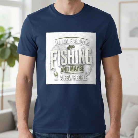 All I Care About Is Fishing And Maybe A Few People T-Shirt in Navy, worn, our photo