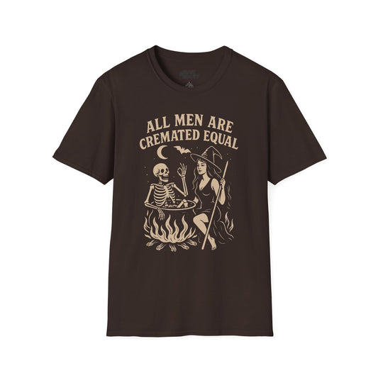 navy t-shirt with all men are cremated equal funny halloween graphic