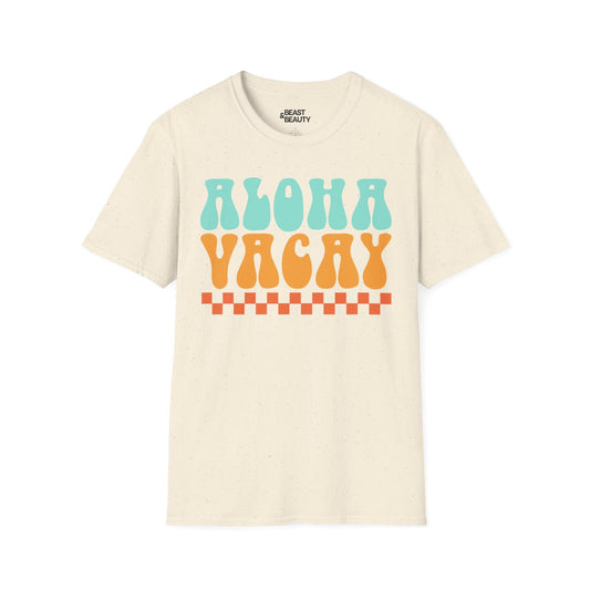 black aloha vacay t-shirt with bold retro aloha print front view