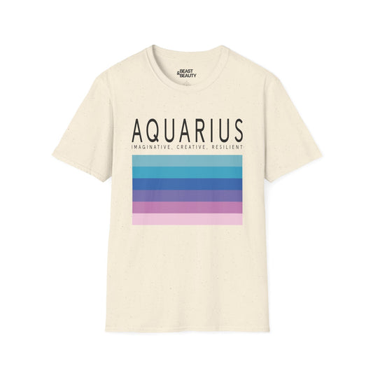 white unisex t-shirt with aquarius star sign graphic design