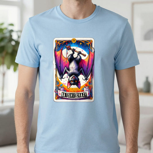 Batshit Crazy Tarot Graphic T-Shirt in Light Blue, worn, our photo