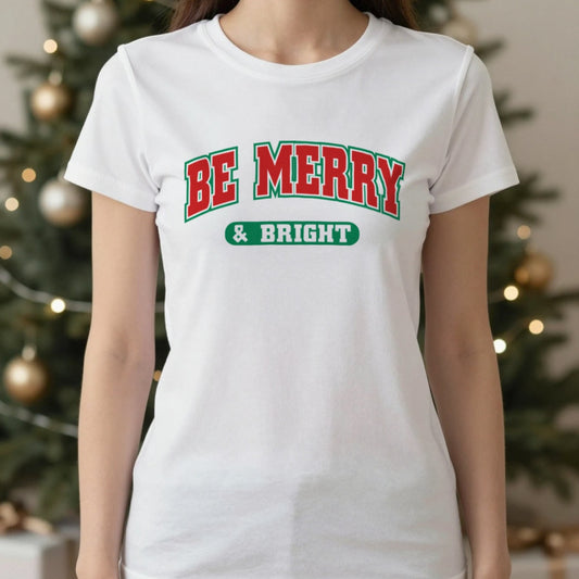 Be Merry & Bright Christmas T-Shirt in White, worn, our photo