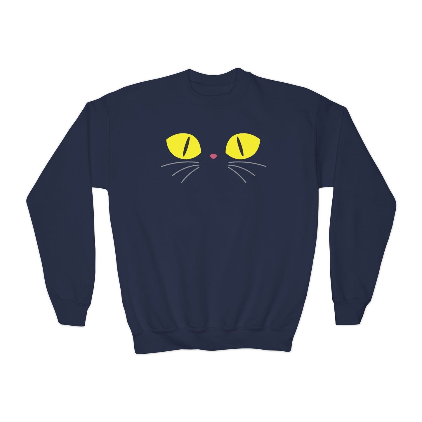navy kids Halloween sweatshirt with black cat glowing eyes print for spooky season