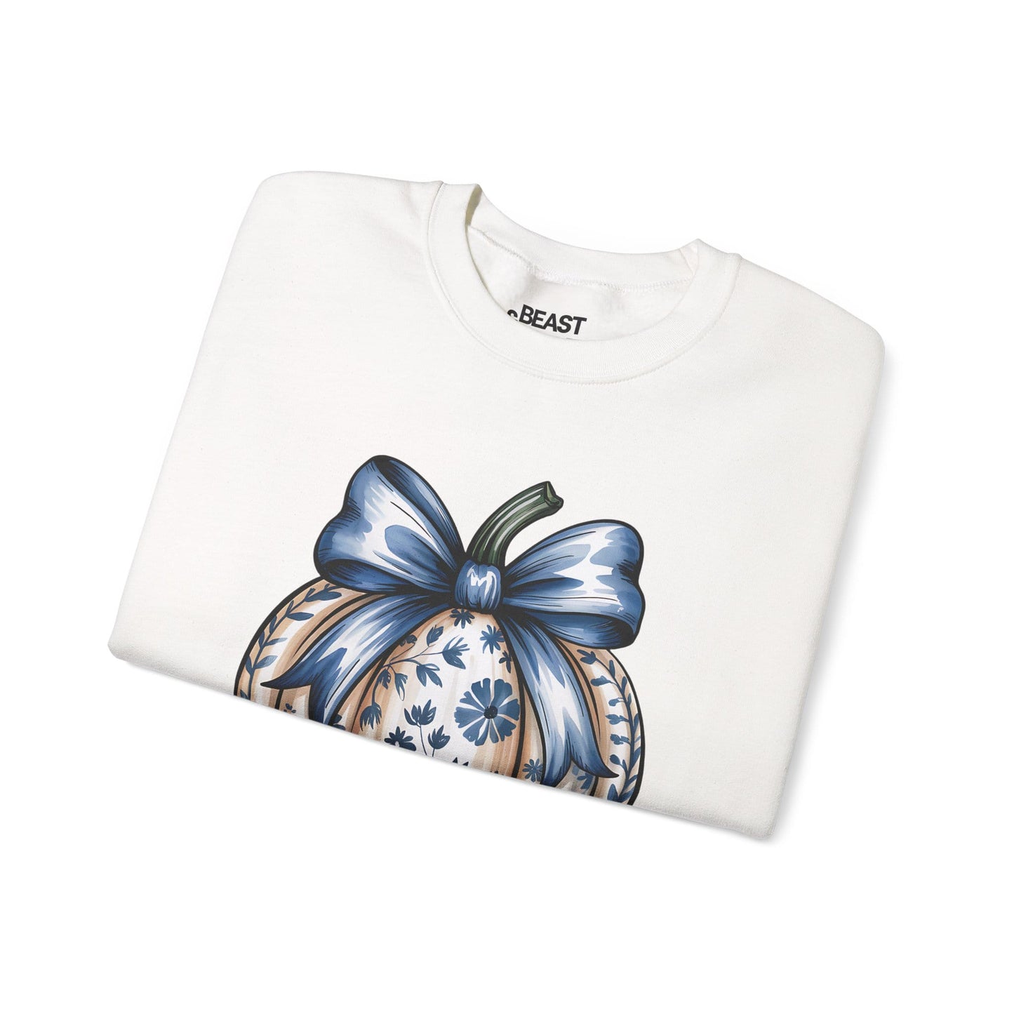 blue bow pumpkin sweatshirt lifestyle shot — coquette fall gift idea