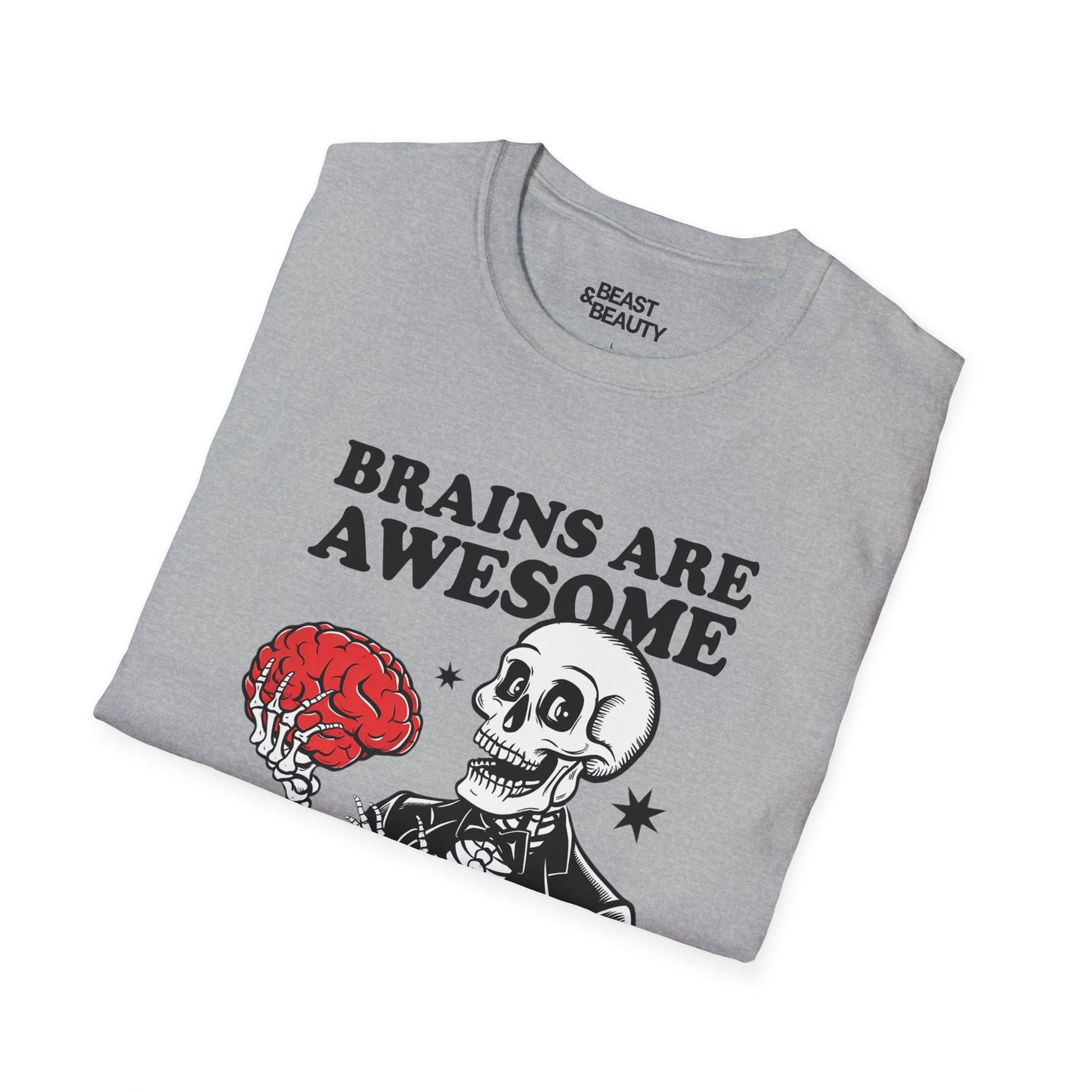 unisex halloween funny slogan t-shirt with skeleton brain graphic in alternate colour