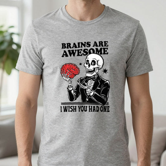 Brains Are Awesome Funny Halloween T-Shirt in Sport Grey, worn, our photo