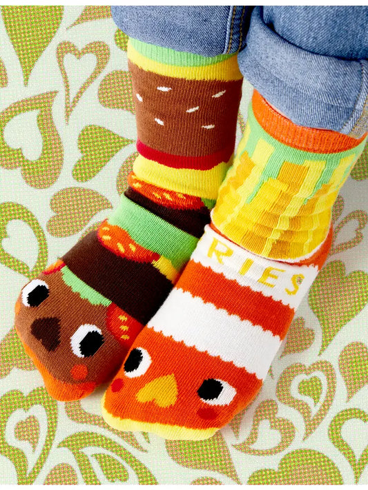 burger sock and fries sock pair laid flat showing mismatched food design