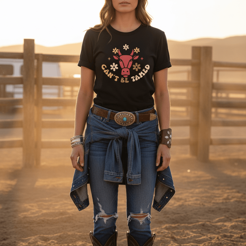 can't be tamed cowgirl t-shirt lifestyle shot western country style