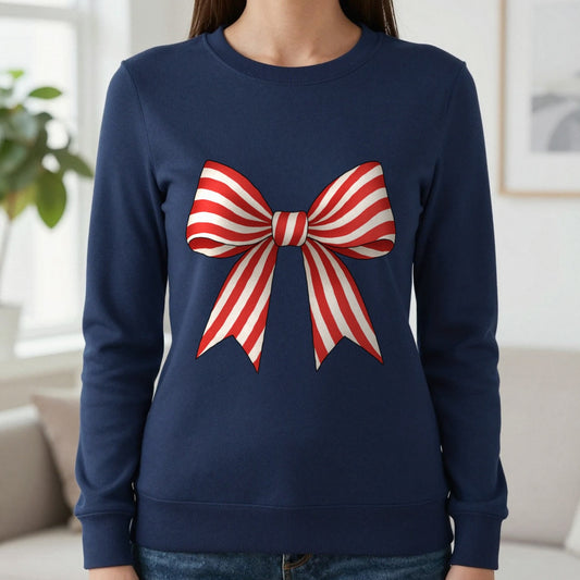 Candy Cane Bow Sweatshirt in Navy, worn, our photo