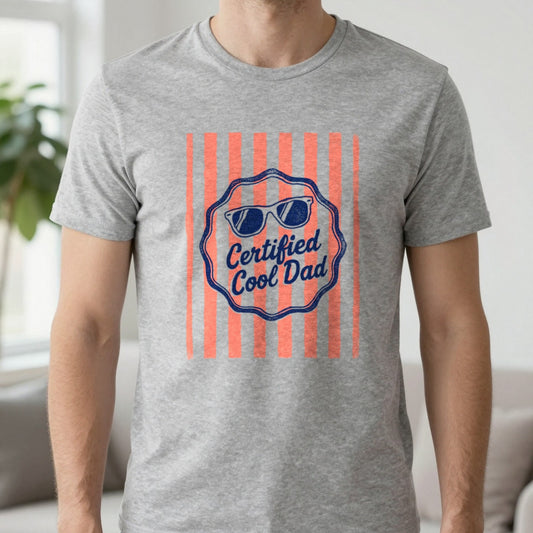 Certified Cool Dad Retro Father's Day T-Shirt in Sport Grey, worn, our photo