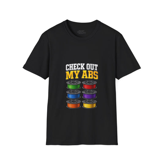 black t-shirt with Check Out My ABS filament pun graphic for makers and engineers