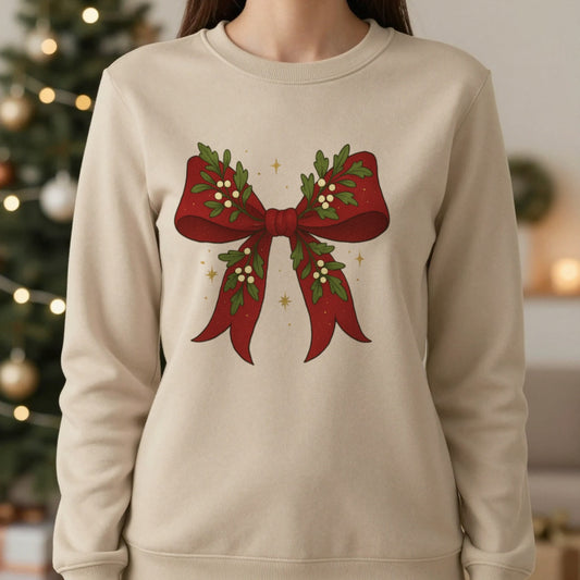 Christmas Bow Sweatshirt in Sand, worn, our photo
