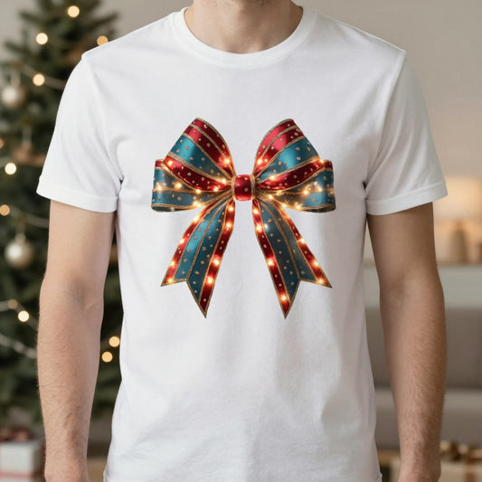 Christmas Bow T-Shirt in White, worn, our photo