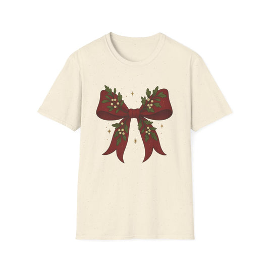 light blue t-shirt with festive bow graphic
