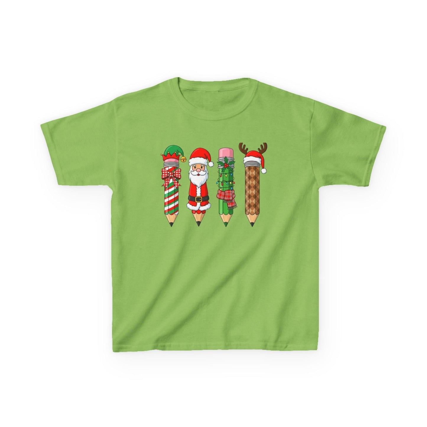 lime green kids t-shirt with christmas pencil graphic for festive school events