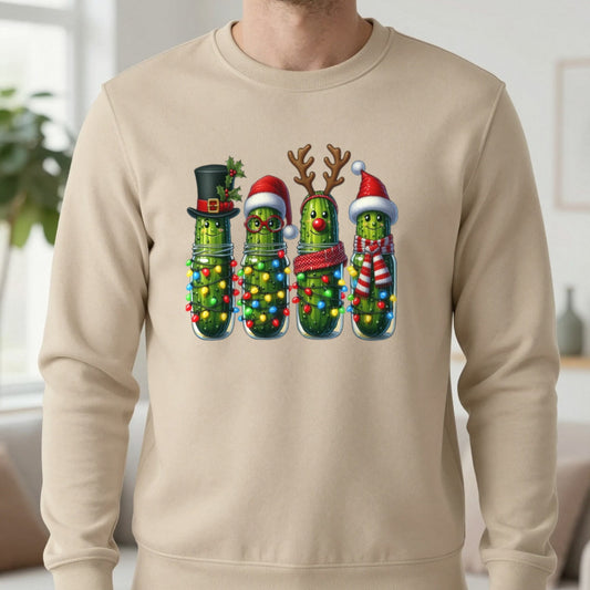 Christmas Pickle Friends Sweatshirt in Sand, worn, our photo