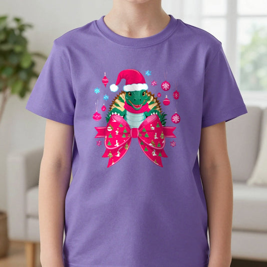 Christmas Turtle Kids T-Shirt in Purple, worn, our photo