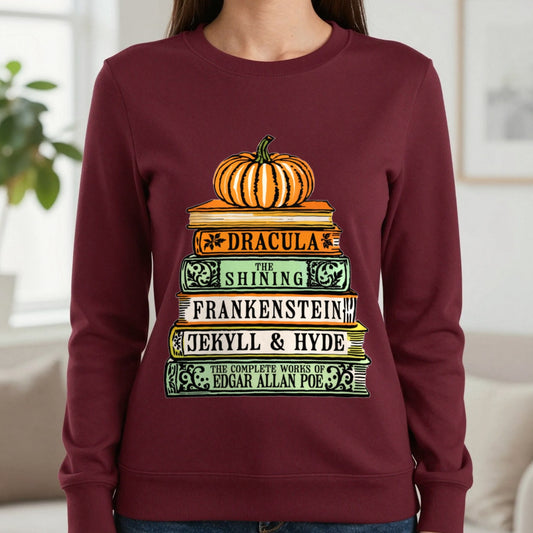 Classic Horror Books Halloween Sweatshirt in Maroon, worn, our photo