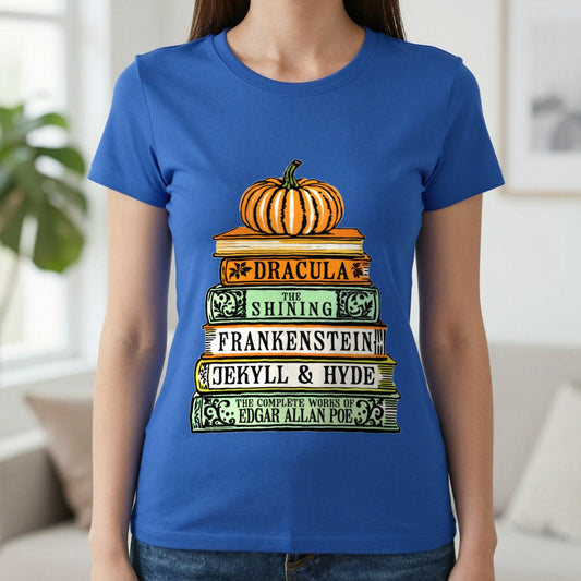 Classic Horror Books Halloween T-Shirt in Royal, worn, our photo