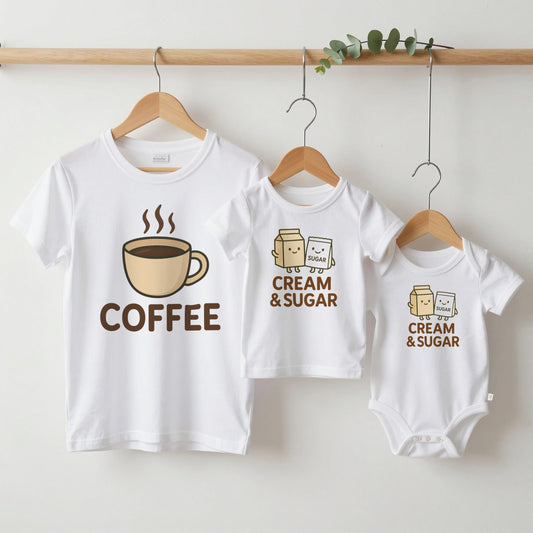 Coffee & Cream and Sugar grown-up tee, kids tee and baby grow on hangers