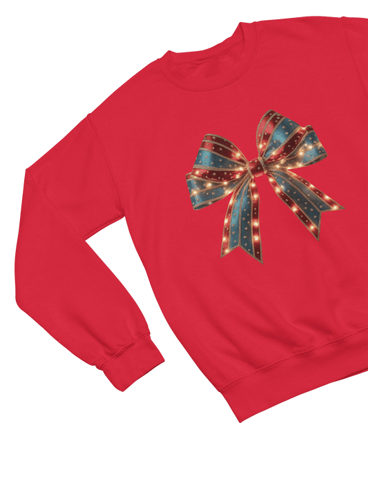 red sweatshirt with oversized coquette christmas bow festive graphic design