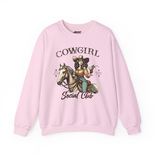 light pink sweatshirt with cowgirl social club vintage western graphic for her