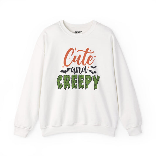 white sweatshirt with cute and creepy halloween graphic for spooky season