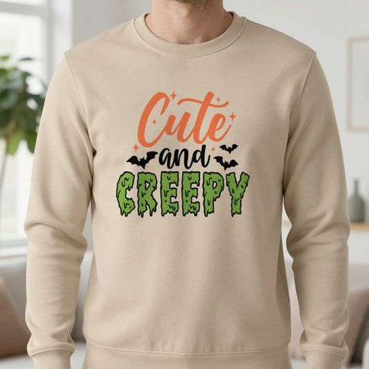 Cute and Creepy Halloween Sweatshirt in Sand, worn, our photo
