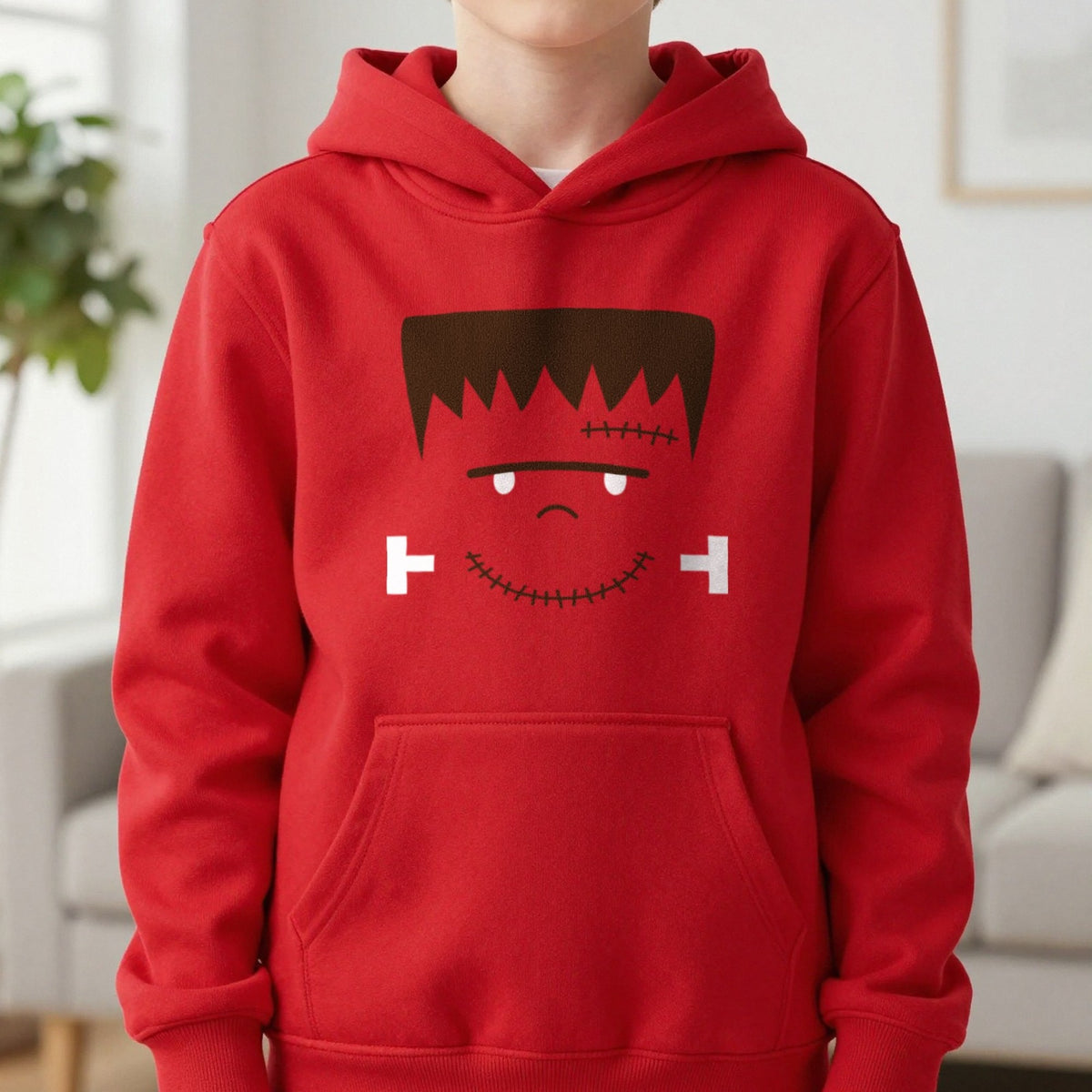 Cute Frankenstein Face Halloween Kids Hoodie in Red, worn, our photo