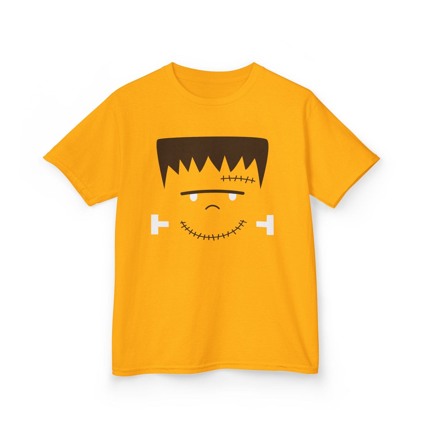 gold kids Halloween t-shirt with cute Frankenstein monster face graphic print