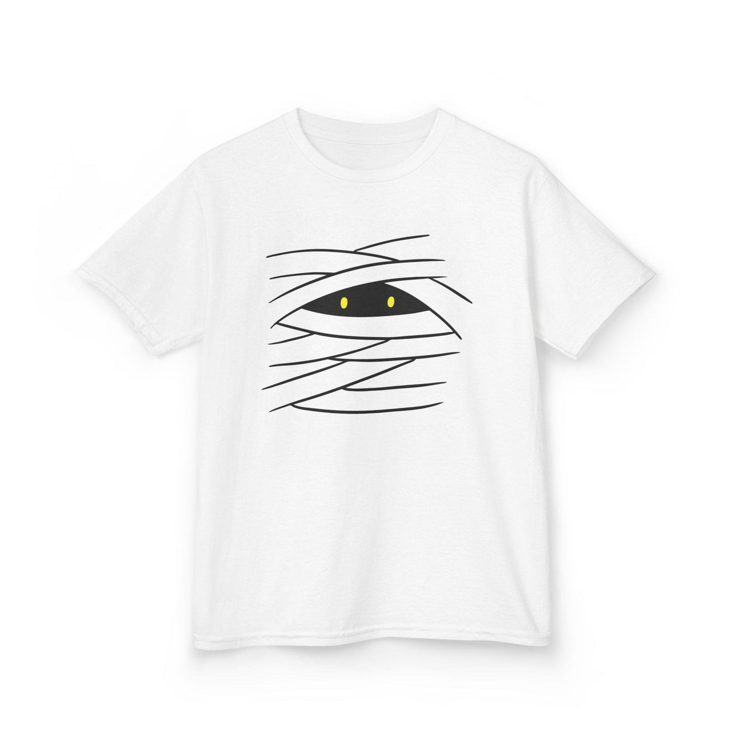 white kids halloween t-shirt with cute mummy eyes graphic for trick or treat