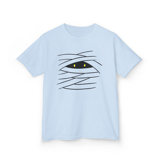 light blue kids t-shirt with cute mummy eyes spooky halloween design