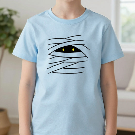 Cute Mummy Eyes Halloween T-Shirt in Light Blue, worn, our photo