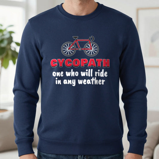 Cycopath Funny Cycling T-Shirt & Sweatshirt in Navy (Sweatshirt), worn, our photo