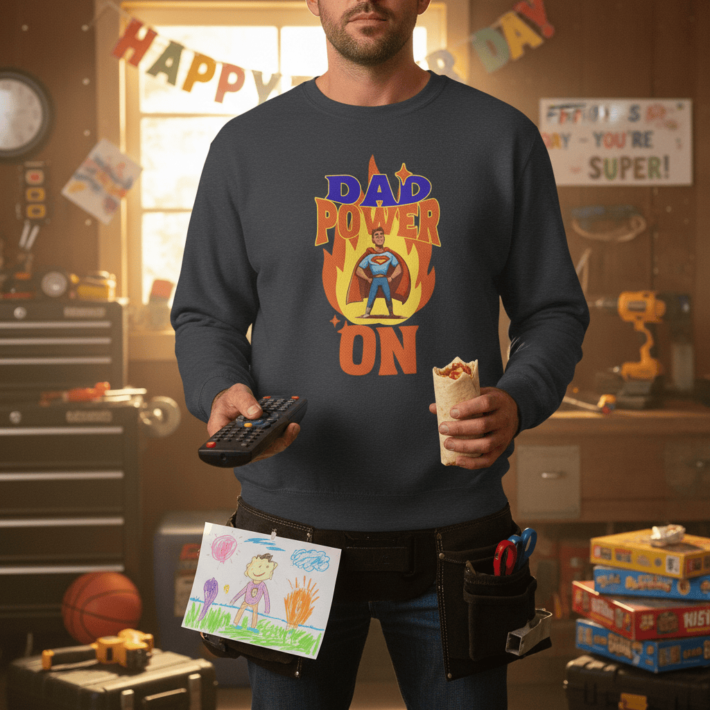 Dad Power On sweatshirt gift idea flat lay multiple colour options