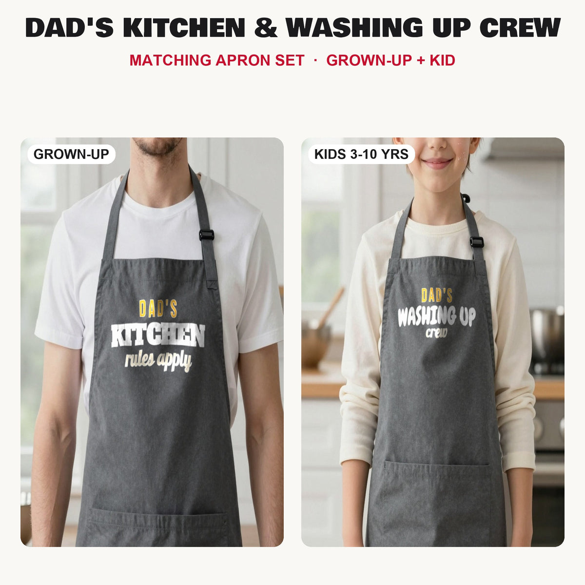 Dad's Kitchen & Washing Up Crew matching apron set in Dark Grey: grown-up and kids aprons, our photo