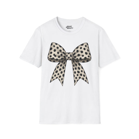 white t-shirt with spotted dalmatian bow graphic