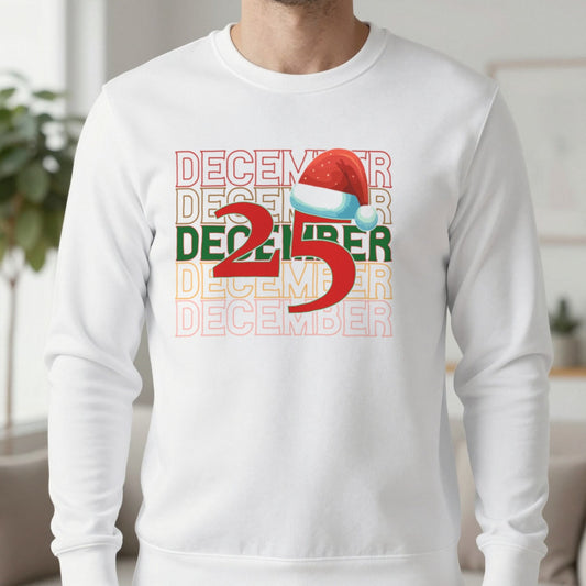 December 25 Christmas Sweatshirt in White, worn, our photo