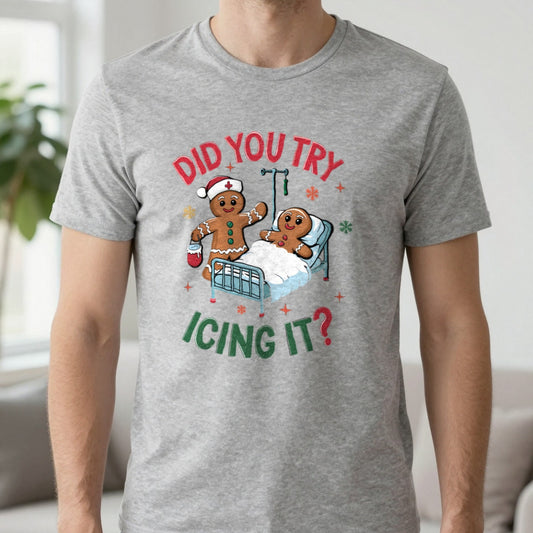 Did You Try Icing It Funny Christmas T-Shirt in Sport Grey, worn, our photo