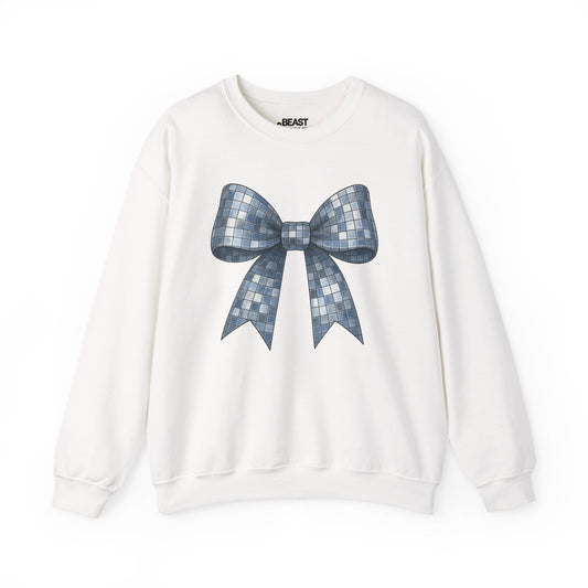 white sweatshirt with disco bow shine design coquette gift