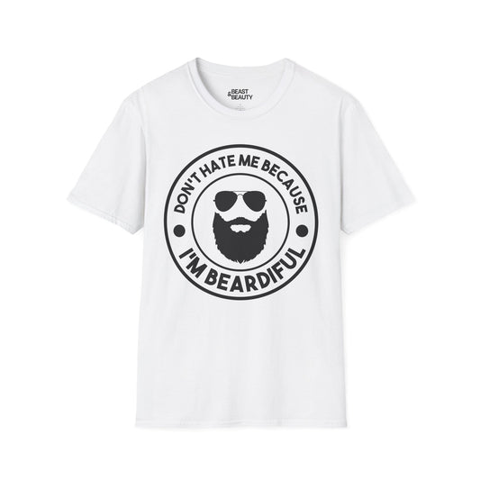 white t-shirt with don't hate me because i'm beardiful funny beard slogan design