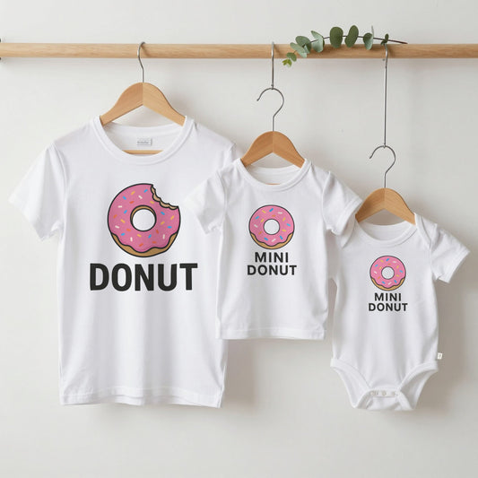 Donut & Mini Donut grown-up tee, kids tee and baby grow on hangers