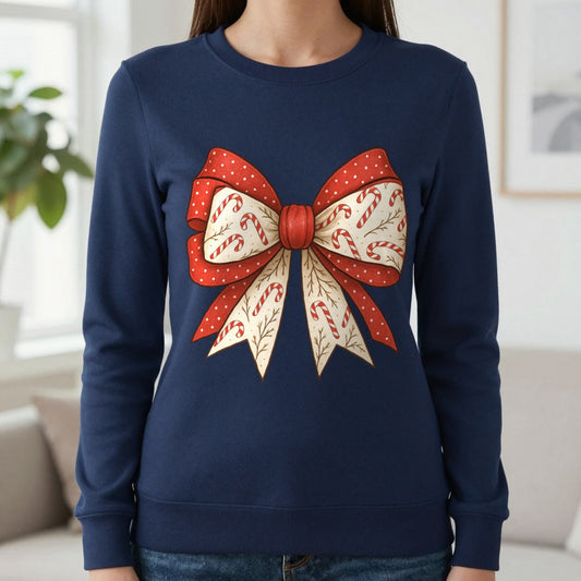 Double Candy Cane Bow Sweatshirt in Navy, worn, our photo