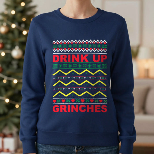 Drink Up Grinches Christmas Sweatshirt in Navy, worn, our photo